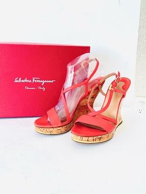 Ferragamo orange coral  leather and suede wedge sandals 7.5